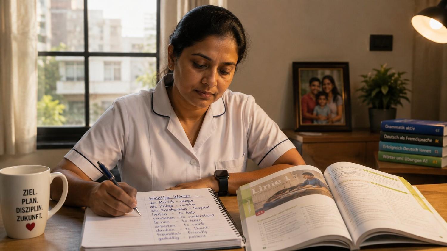 Indian nurse in her late thirties reviewing a Germany visa document at a desk, confident and focused expression, natural lighting