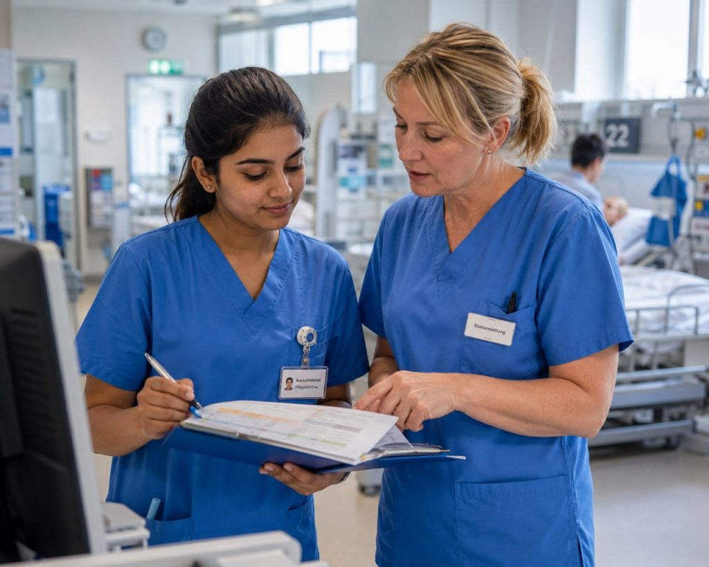Indian nurse in a German hospital ward during her Anpassungslehrgang adaptation period with a senior colleague