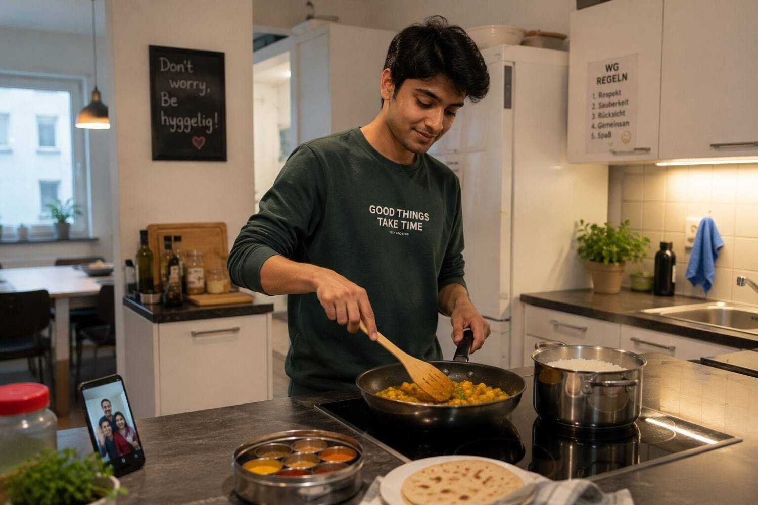 Young Indian student cooking a simple meal in a clean German shared kitchen, looking relaxed and comfortable