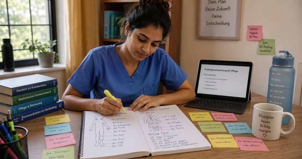 Indian nurse at a desk with a medical German vocabulary notebook and sticky notes with German clinical terms visible, focused expression, warm light