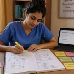 Indian nurse at a desk with a medical German vocabulary notebook and sticky notes with German clinical terms visible, focused expression, warm light