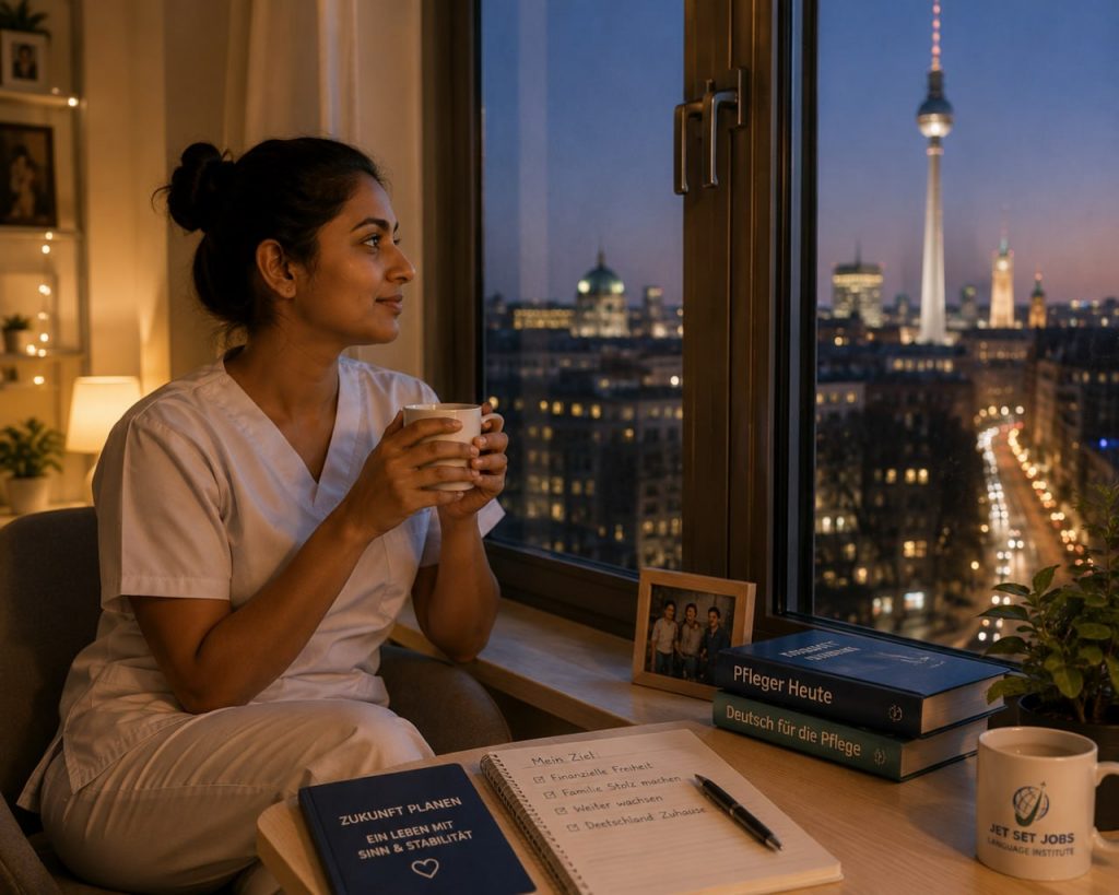 Indian nurse in Germany sitting by a window looking thoughtful, with a cup of tea — honest emotional moment