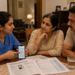 Indian nurse sitting with her parents at a home dining table, showing them documents, warm conversation, parents listening carefully, natural home lighting