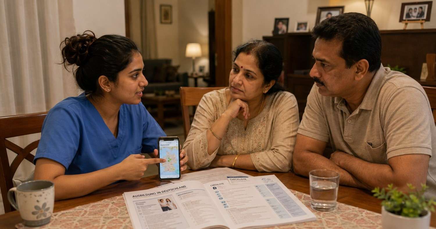 Indian nurse sitting with her parents at a home dining table, showing them documents, warm conversation, parents listening carefully, natural home lighting