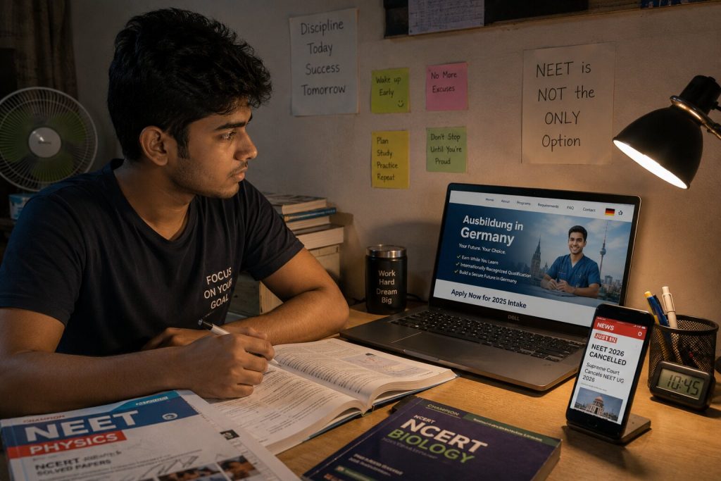 Stressed Indian Class 12 Science student looking at a laptop showing NEET cancellation news, with a Germany map and Ausbildung programme brochure beside them on the desk