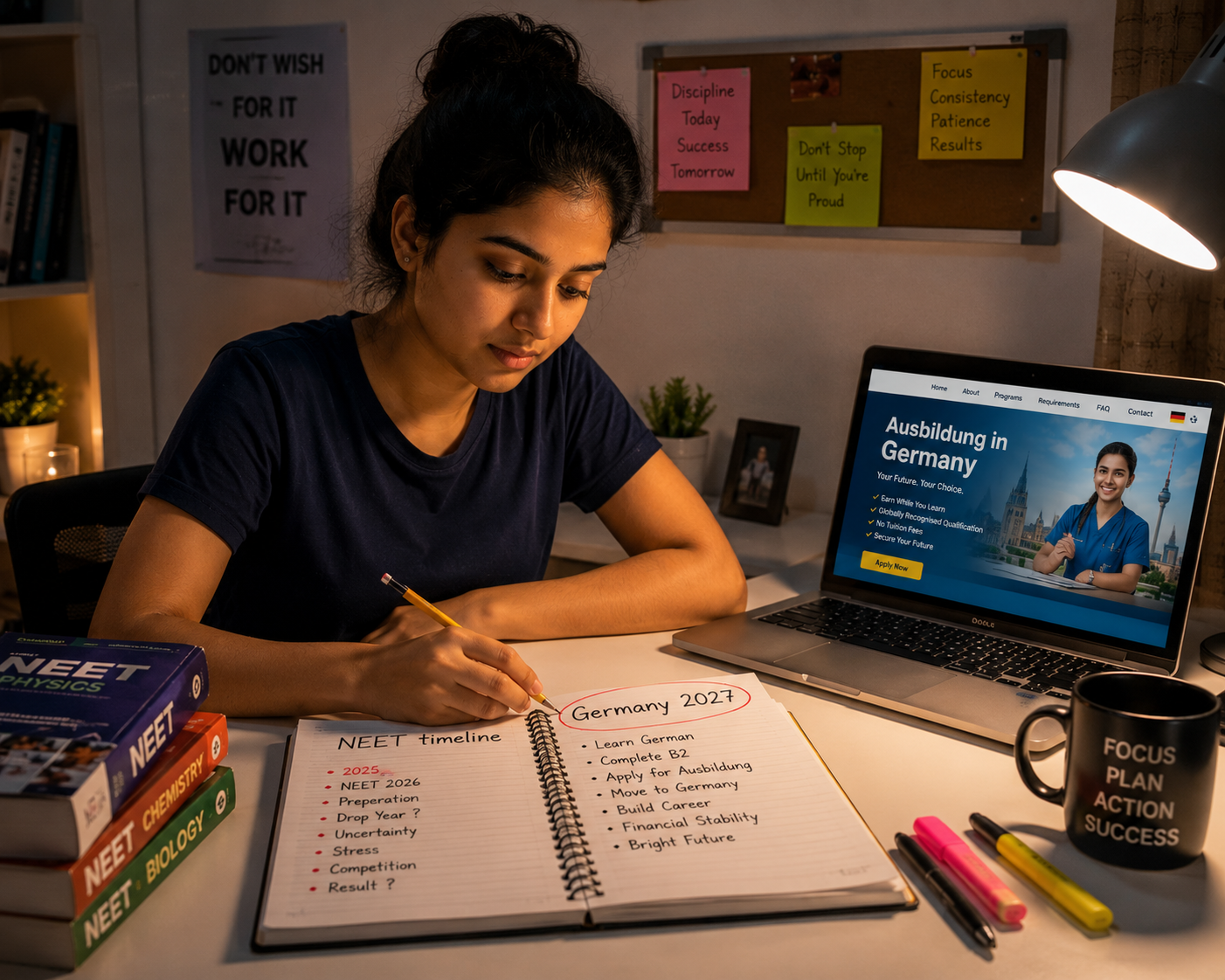 A confident young Indian Class 12 Science student looking at a Germany travel poster and an Ausbildung programme brochure, transitioning from NEET disappointment to a new plan