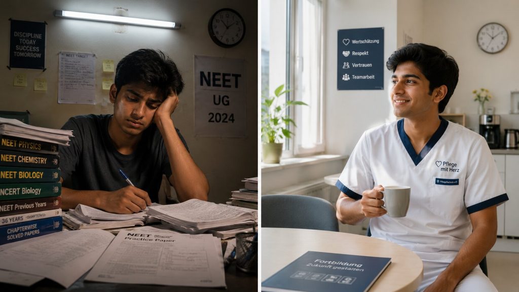 Image Alt Text Two-panel split: left shows Indian student studying for NEET repeat with books and stress, right shows same-aged Indian student in Germany working confidently in a care facility