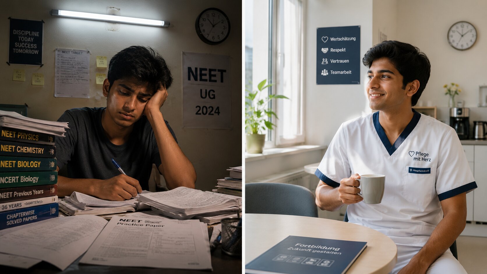 Image Alt Text Two-panel split: left shows Indian student studying for NEET repeat with books and stress, right shows same-aged Indian student in Germany working confidently in a care facility