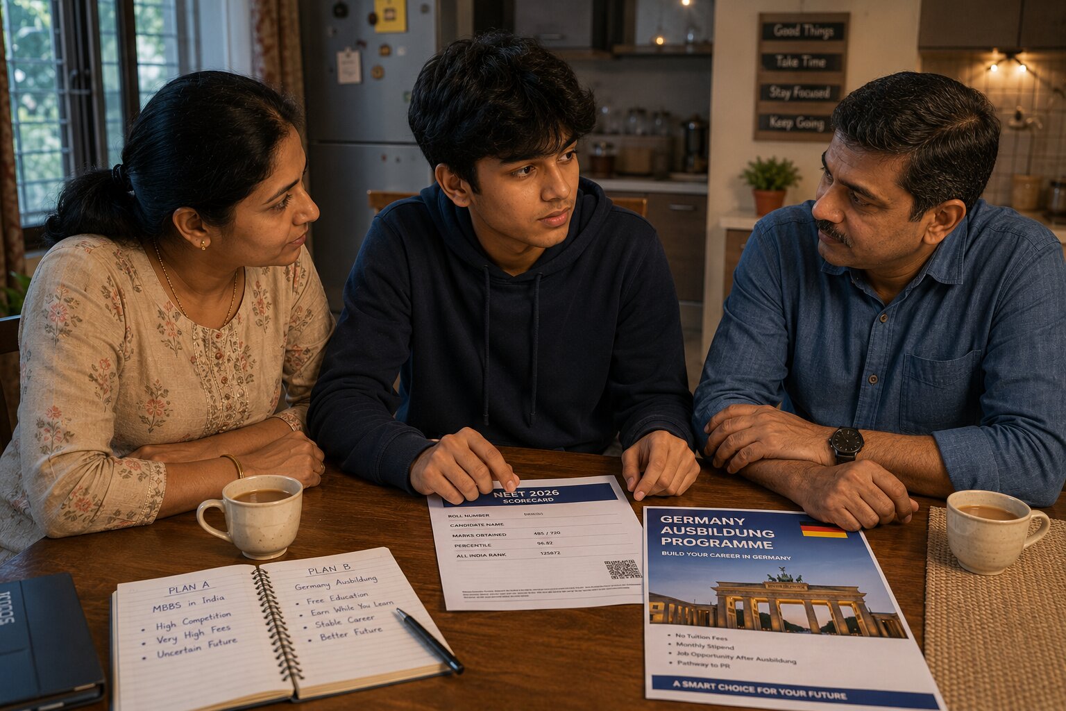 Indian parents and their child sitting together at a kitchen table having a calm family conversation about career options after NEET low score, a Germany brochure on the table