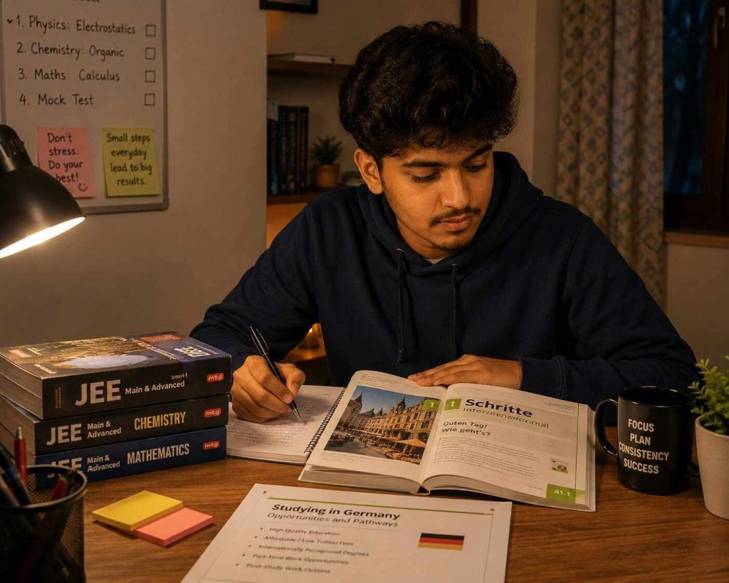 A young Indian student sitting at a desk with JEE preparation books, looking thoughtful but determined - a new path ahead