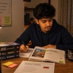 A young Indian student sitting at a desk with JEE preparation books, looking thoughtful but determined - a new path ahead