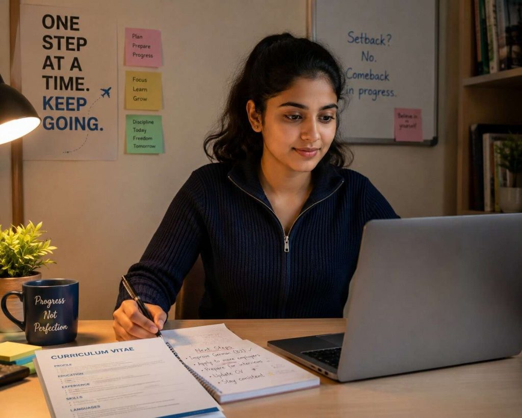Young Indian student sitting calmly with a laptop, looking determined and focused - preparing for the next step after a setback