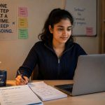 Young Indian student sitting calmly with a laptop, looking determined and focused - preparing for the next step after a setback