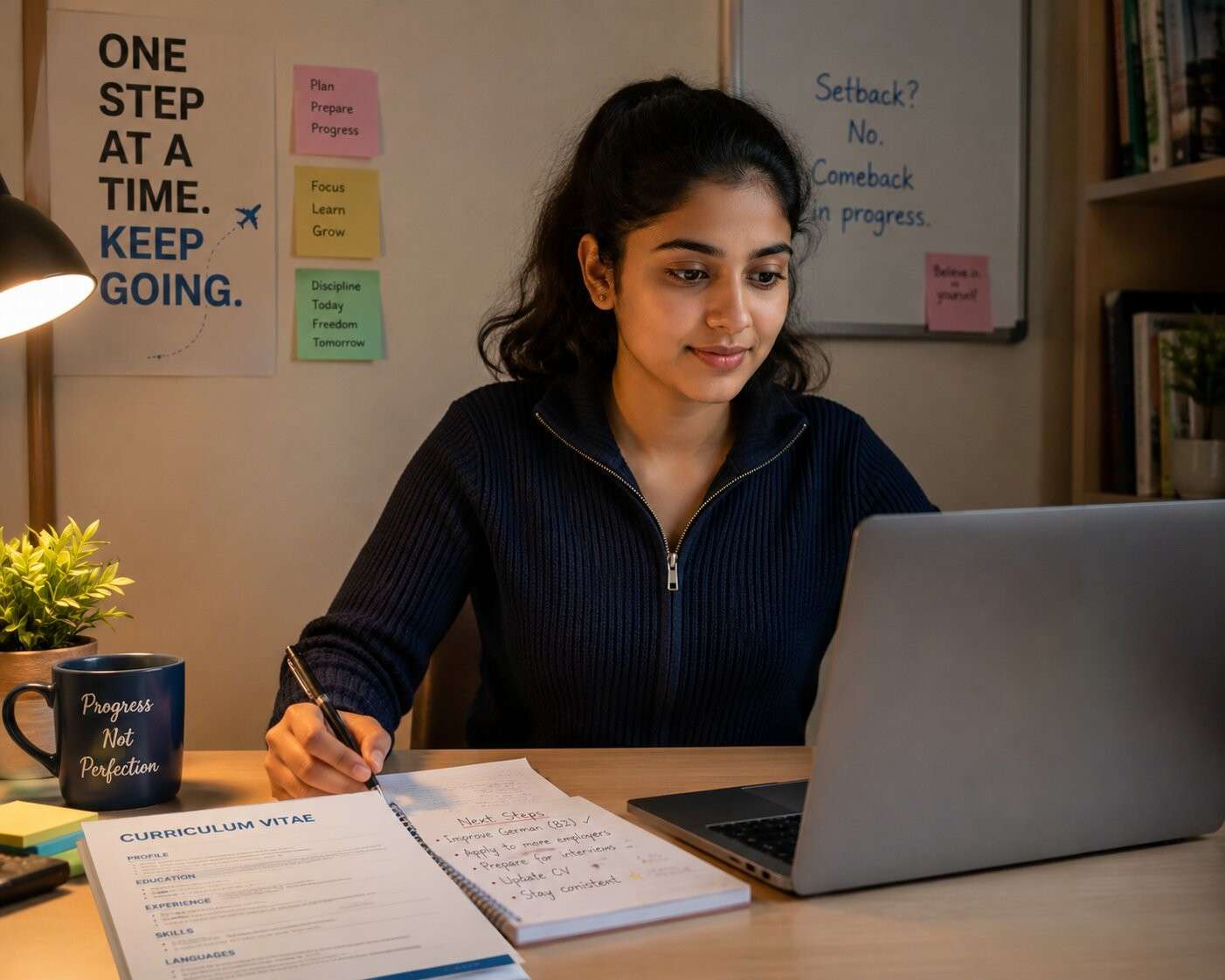 Young Indian student sitting calmly with a laptop, looking determined and focused - preparing for the next step after a setback