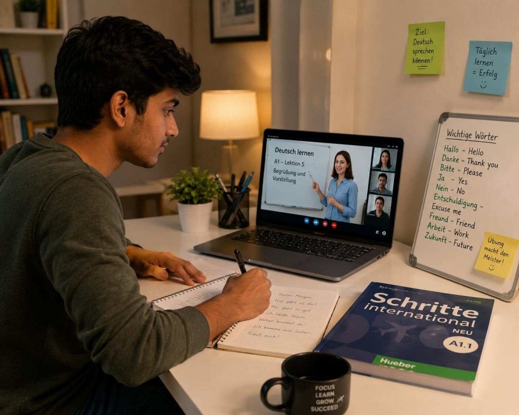 Indian student attending an online German language class on a laptop at home, engaged and focused