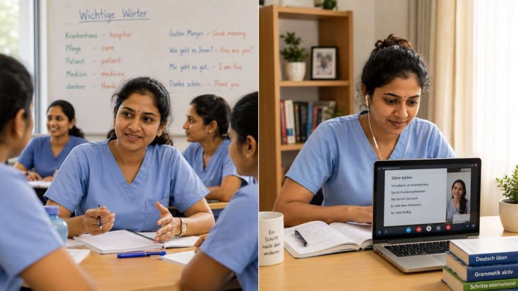 Two Indian nurses side by side - one attending an online German class on a laptop at home, one in a classroom setting - split composition, warm lighting