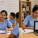 Two Indian nurses side by side - one attending an online German class on a laptop at home, one in a classroom setting - split composition, warm lighting