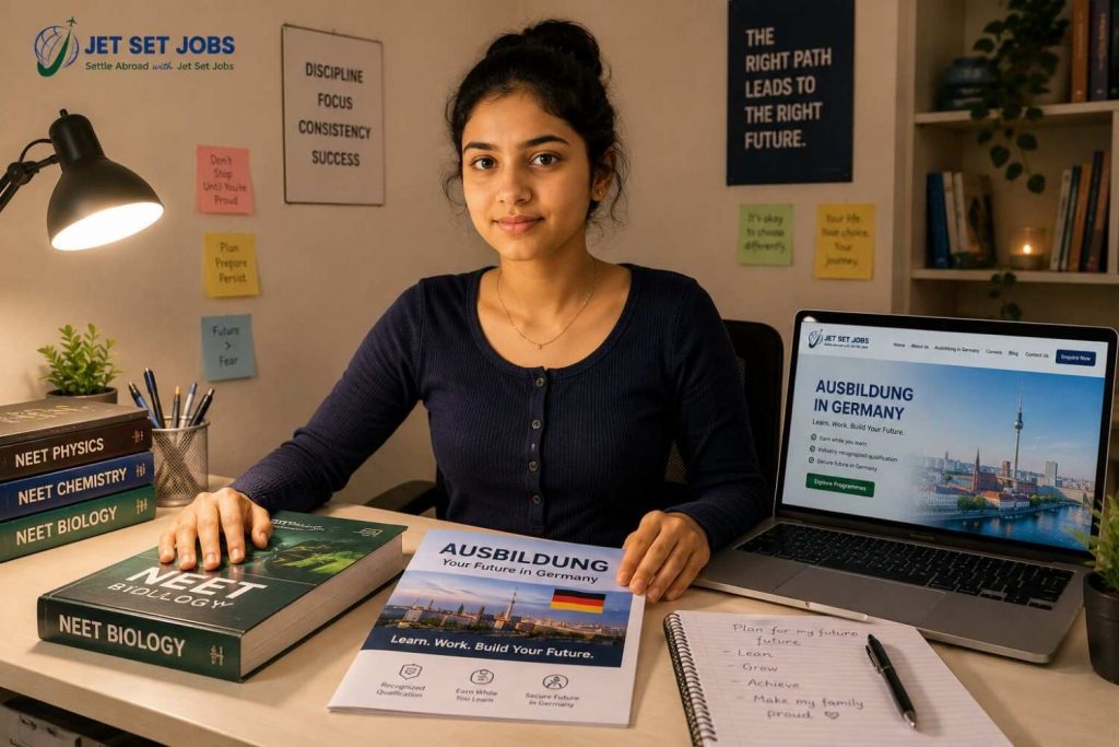 A confident young Indian PCB student closing their NEET textbook and looking up with clarity and relief, a Germany Ausbildung brochure open in front of them