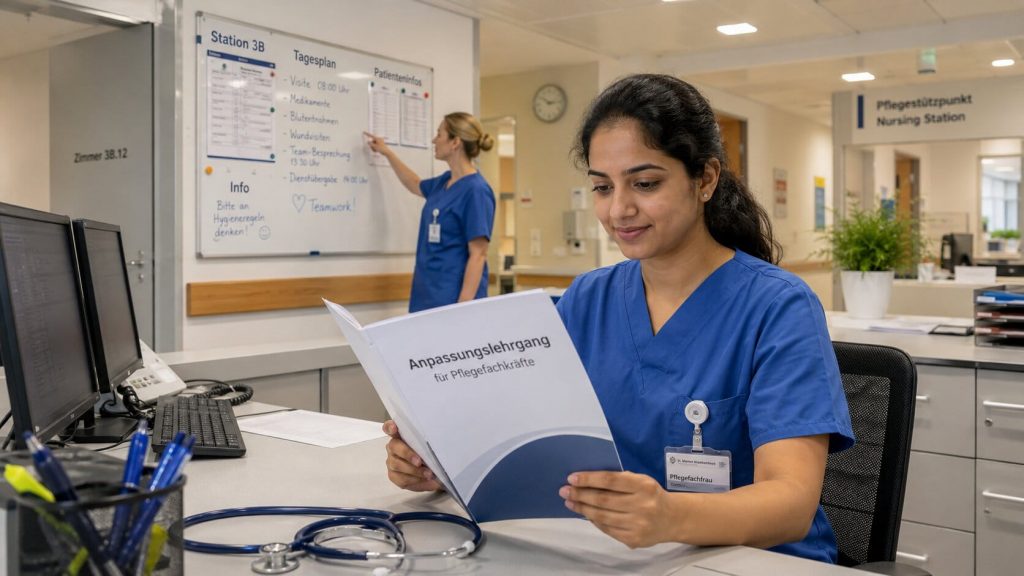 Indian nurse reviewing documents at a German hospital desk, calm expression, adaptation course folder visible, warm clinic lighting