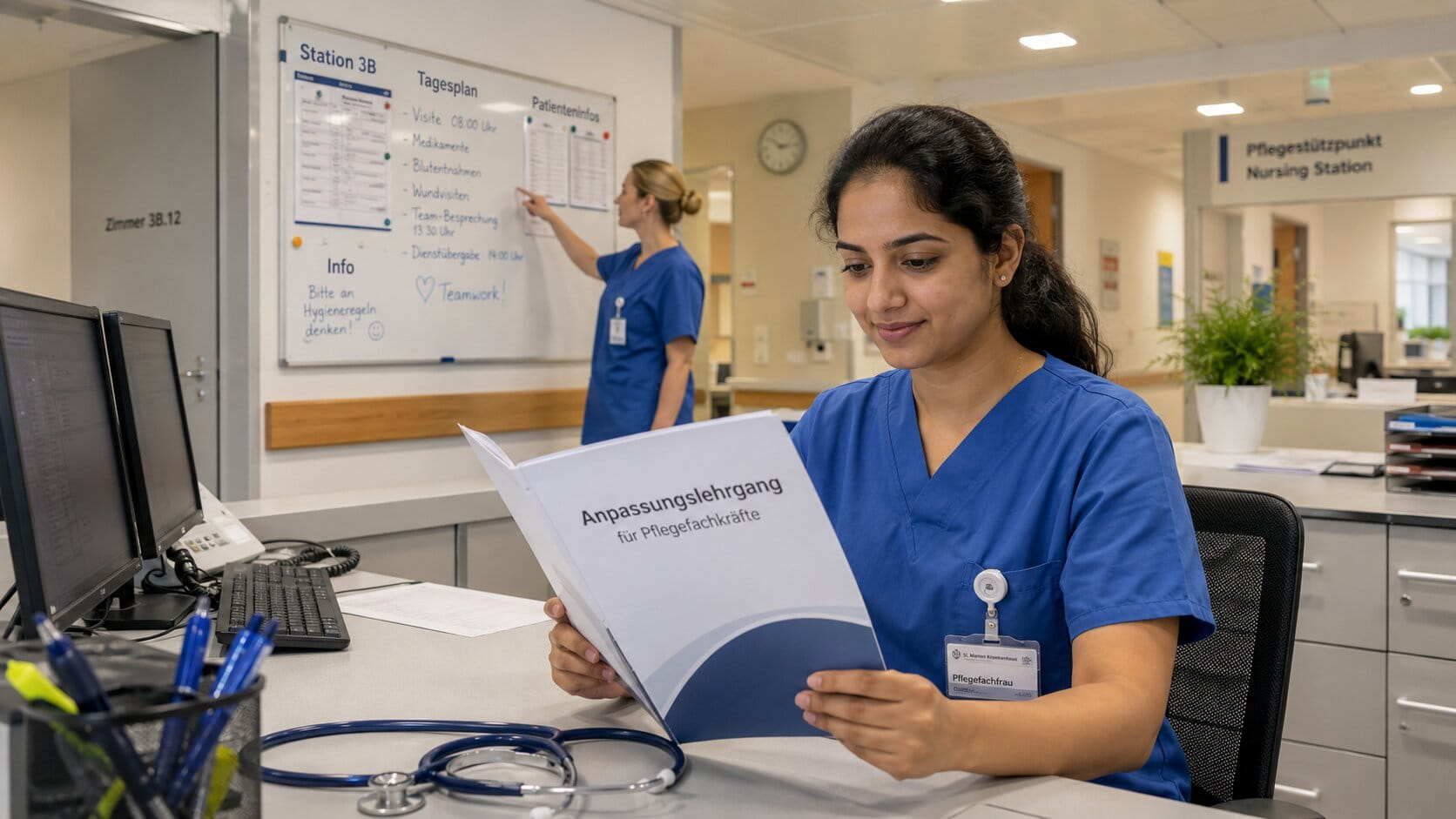 Indian nurse reviewing documents at a German hospital desk, calm expression, adaptation course folder visible, warm clinic lighting