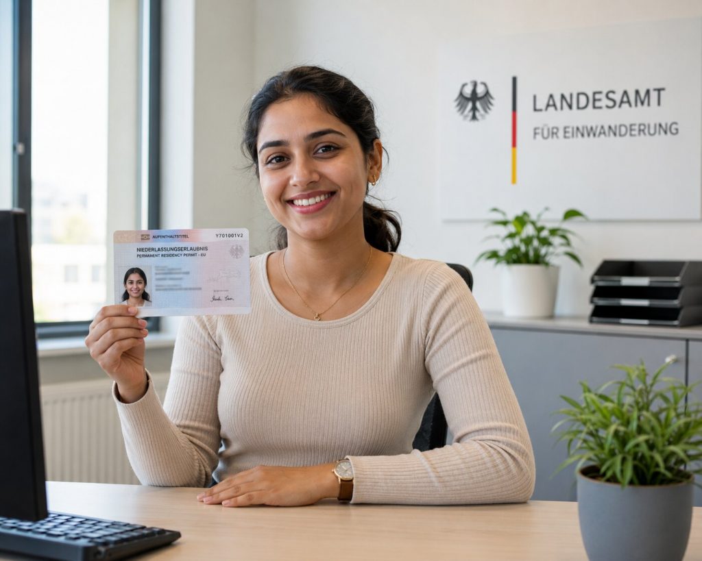 Indian nurse holding a German permanent residency document with a confident smile