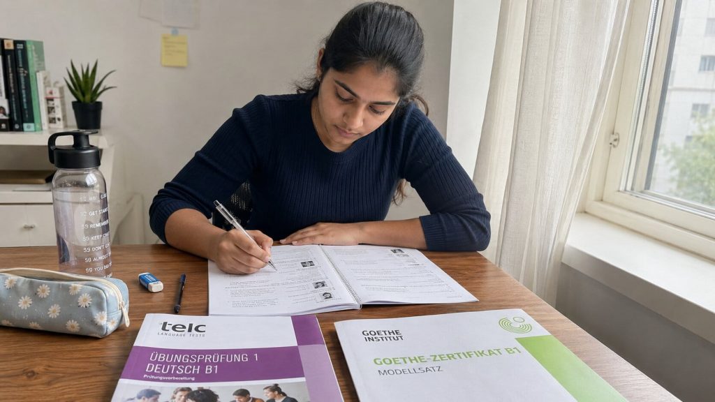 Indian nurse sitting at an exam desk writing a German language paper, focused expression, exam hall setting, natural light