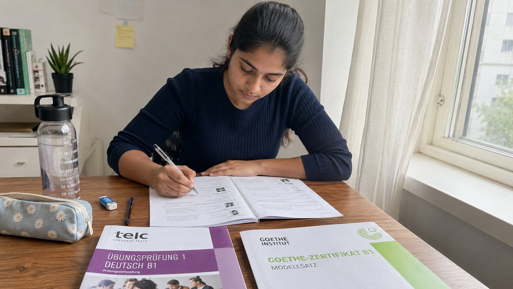 Indian nurse sitting at an exam desk writing a German language paper, focused expression, exam hall setting, natural light