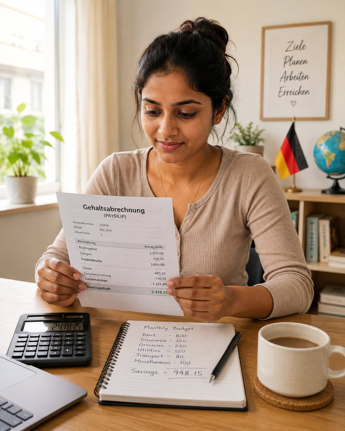 Indian nurse reviewing a German tax document at a home desk with a calculator and coffee