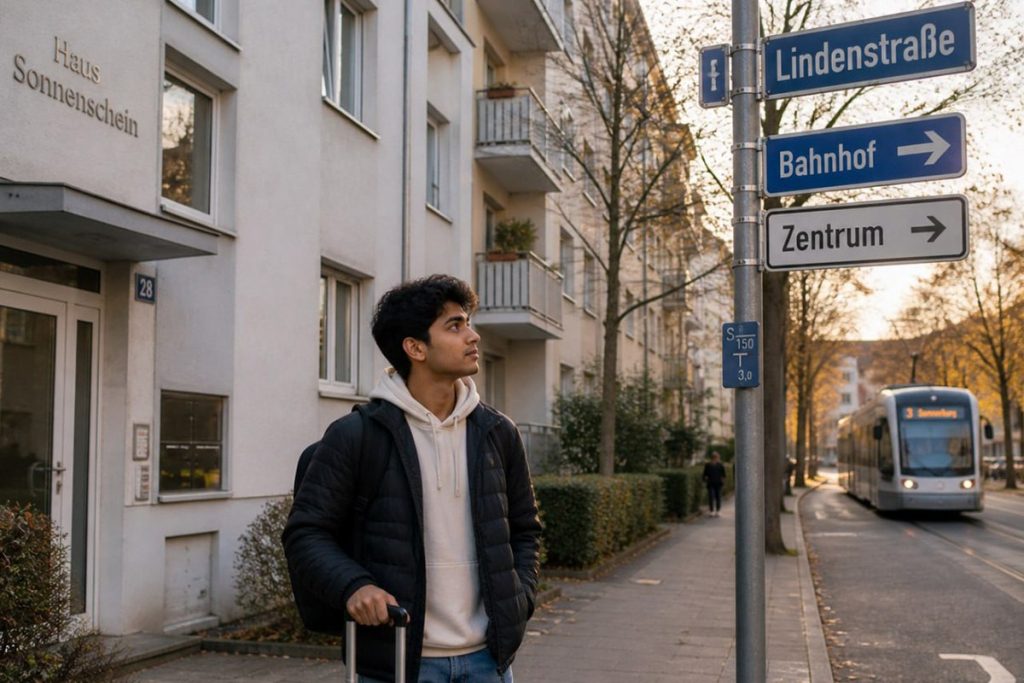 Young Indian student arriving at a German city with a suitcase, looking at a new neighbourhood with a mix of excitement and nerves