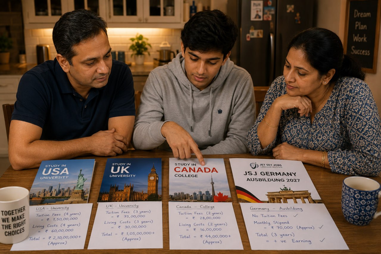 Indian family at a kitchen table with four country brochures — USA, UK, Canada, Germany — spread out, making a decision together