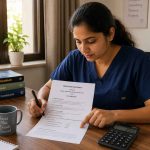 Indian nurse reviewing a financial document at a desk with a calculator, careful focused expression, clean home setting, natural light