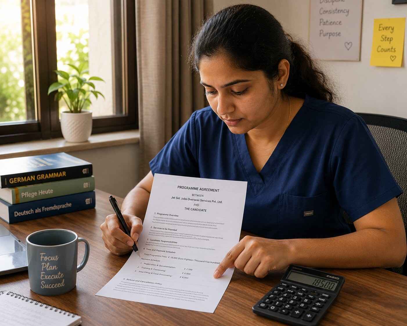 Indian nurse reviewing a financial document at a desk with a calculator, careful focused expression, clean home setting, natural light