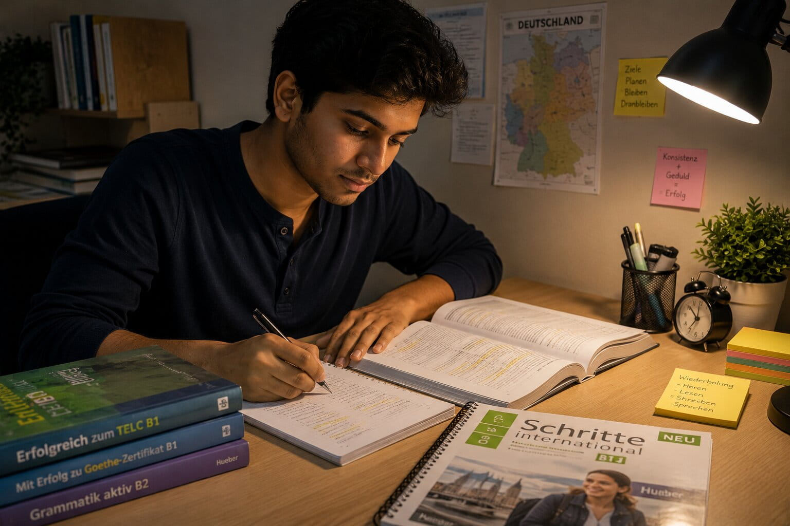 Young Indian student sitting at a desk looking determined, studying German language notes with focus after a setback