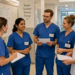 Indian nurse confidently joining a German hospital team for morning handover, professional and prepared