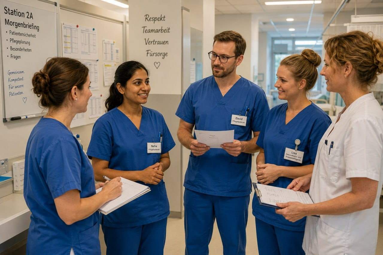 Indian nurse confidently joining a German hospital team for morning handover, professional and prepared