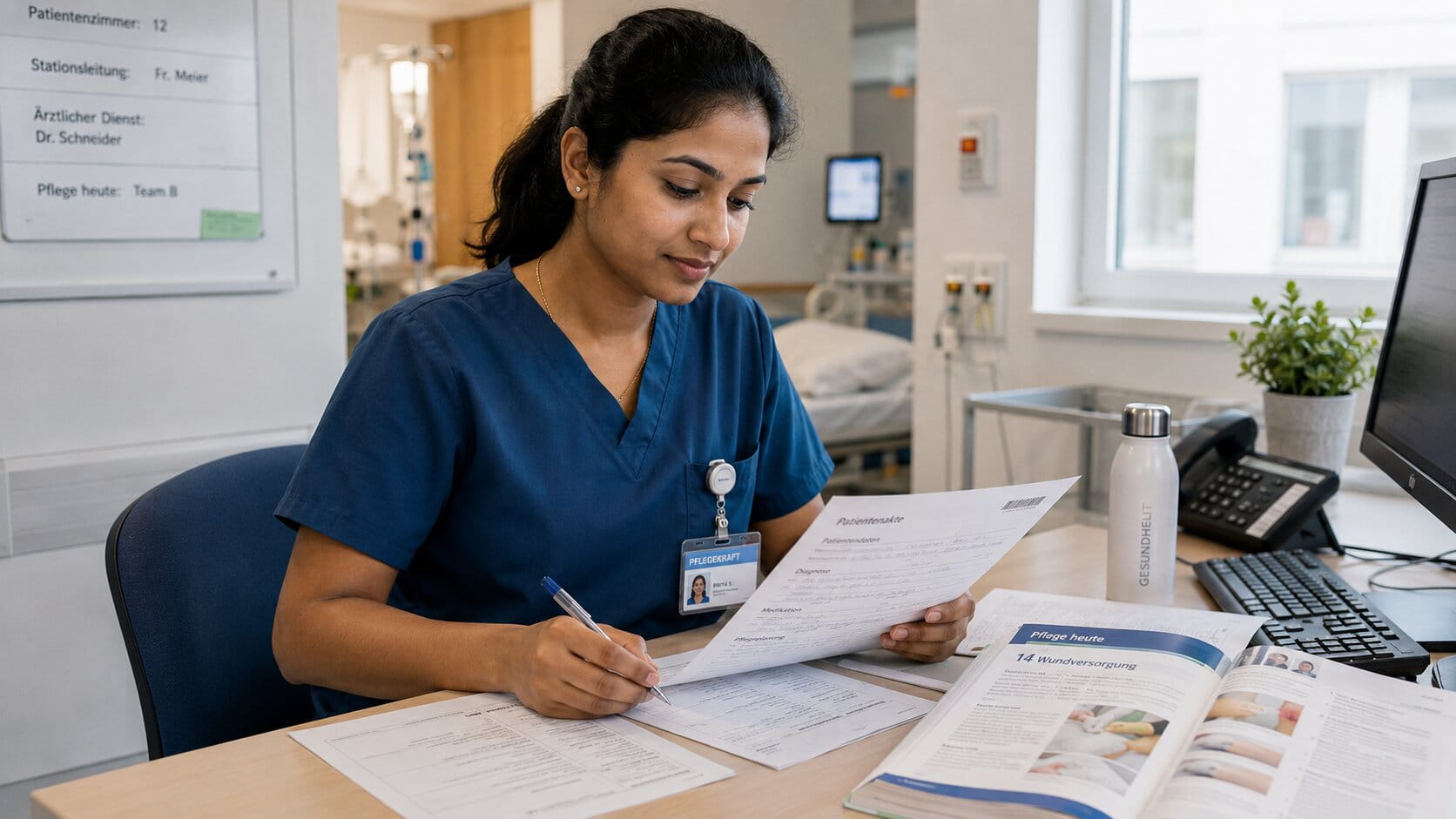 Indian nurse in Germany studying clinical notes and a patient chart before her Kenntnisprüfung exam, focused and confident expression