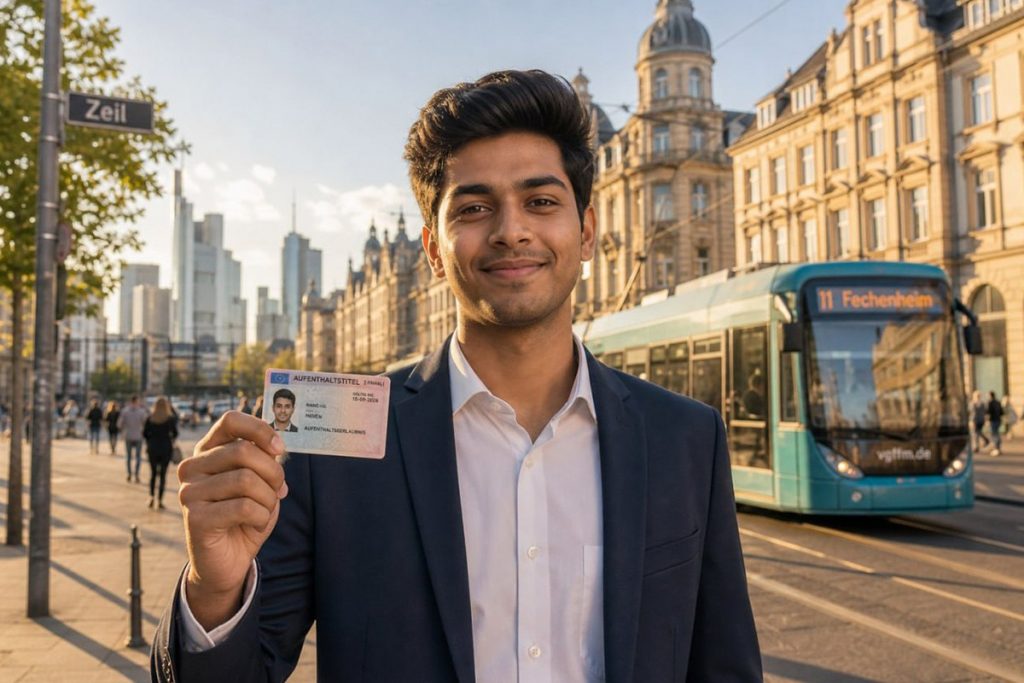 Young Indian professional holding a German permanent residency document, confident smile, modern German city background