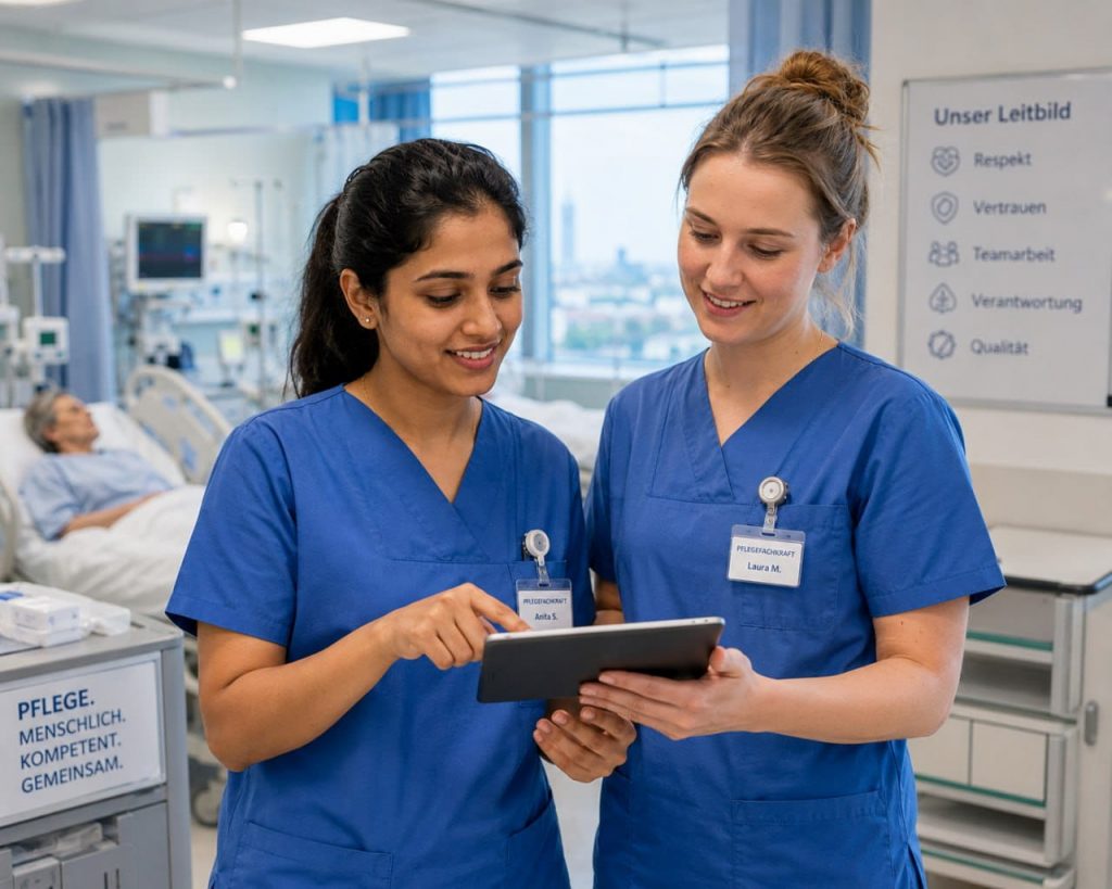 Indian nurse in a German hospital reviewing a patient chart with a German colleague