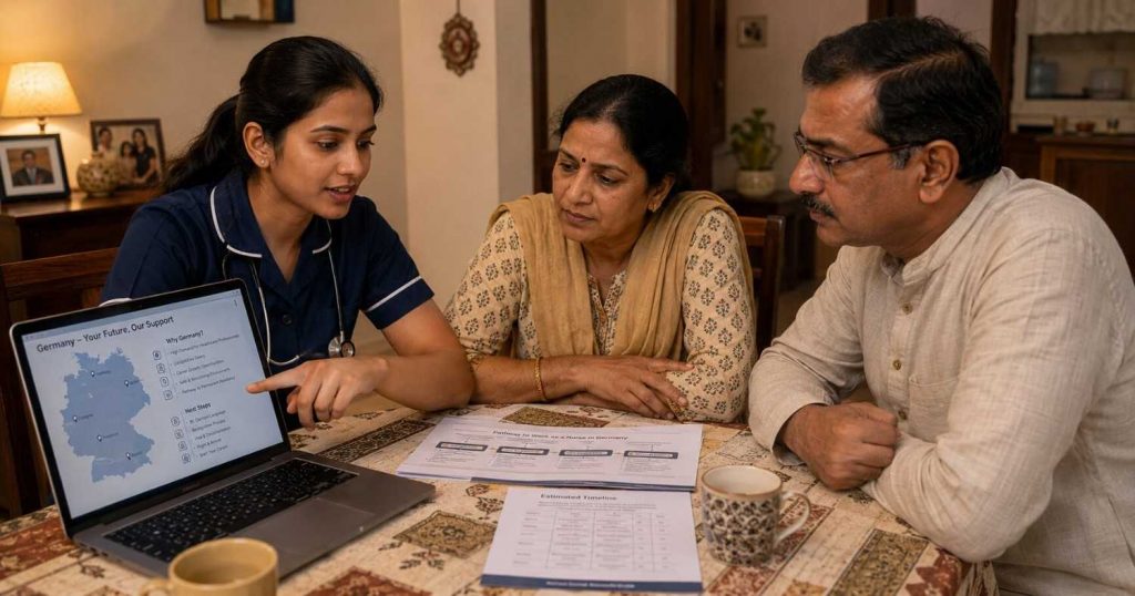 Indian nurse sitting with her parents at a dining table, showing them information on a laptop, warm home lighting, calm and reassuring conversation