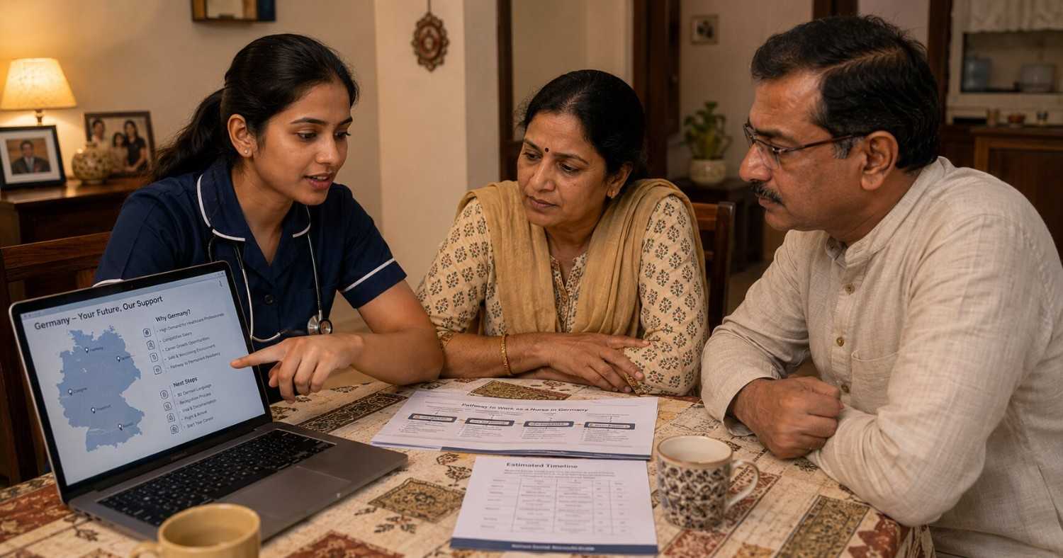Indian nurse sitting with her parents at a dining table, showing them information on a laptop, warm home lighting, calm and reassuring conversation
