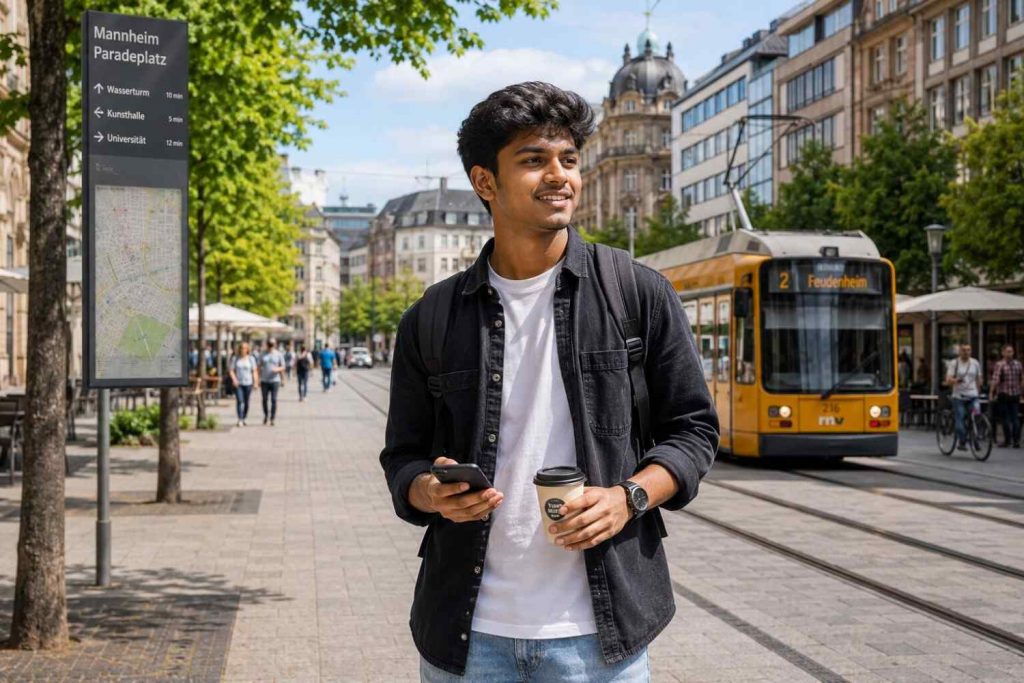 Young Indian Ausbildung candidate standing confidently in front of a clean modern German city streetscape, looking settled and happy