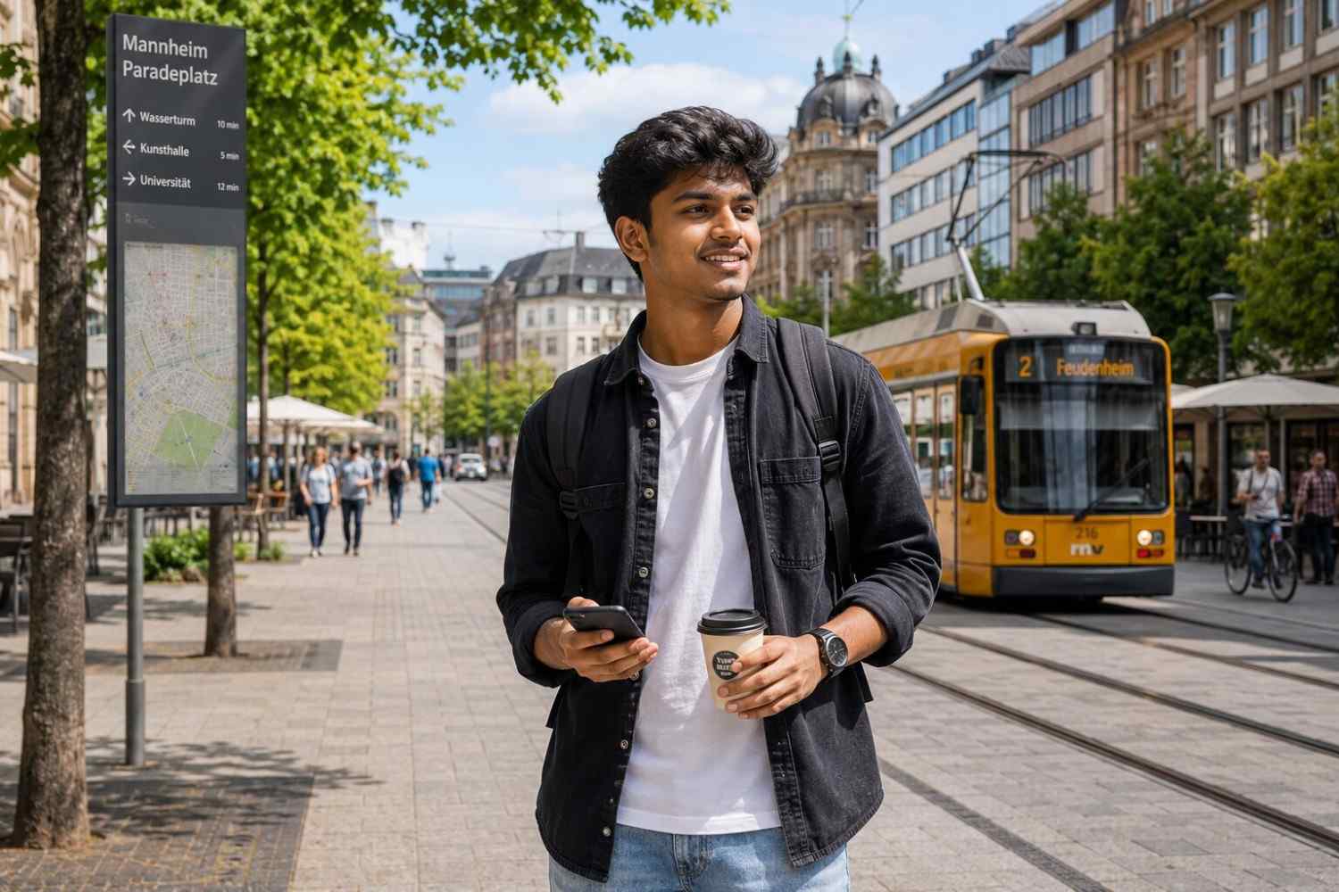 Young Indian Ausbildung candidate standing confidently in front of a clean modern German city streetscape, looking settled and happy