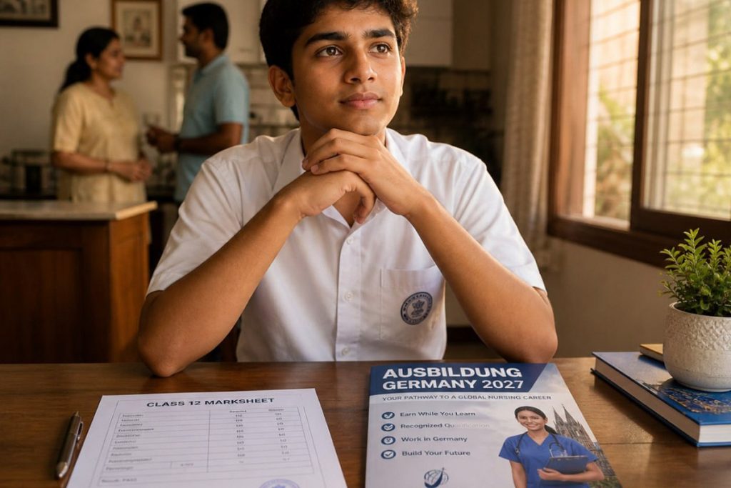 An 18-year-old Indian student in school uniform holding a Class 12 marksheet, looking forward with quiet determination, Germany brochure visible on desk