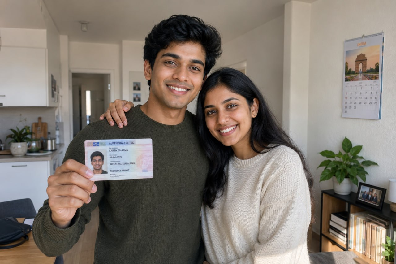 Young Indian couple smiling together in a German apartment, the husband holding a German work permit card, celebrating family reunification