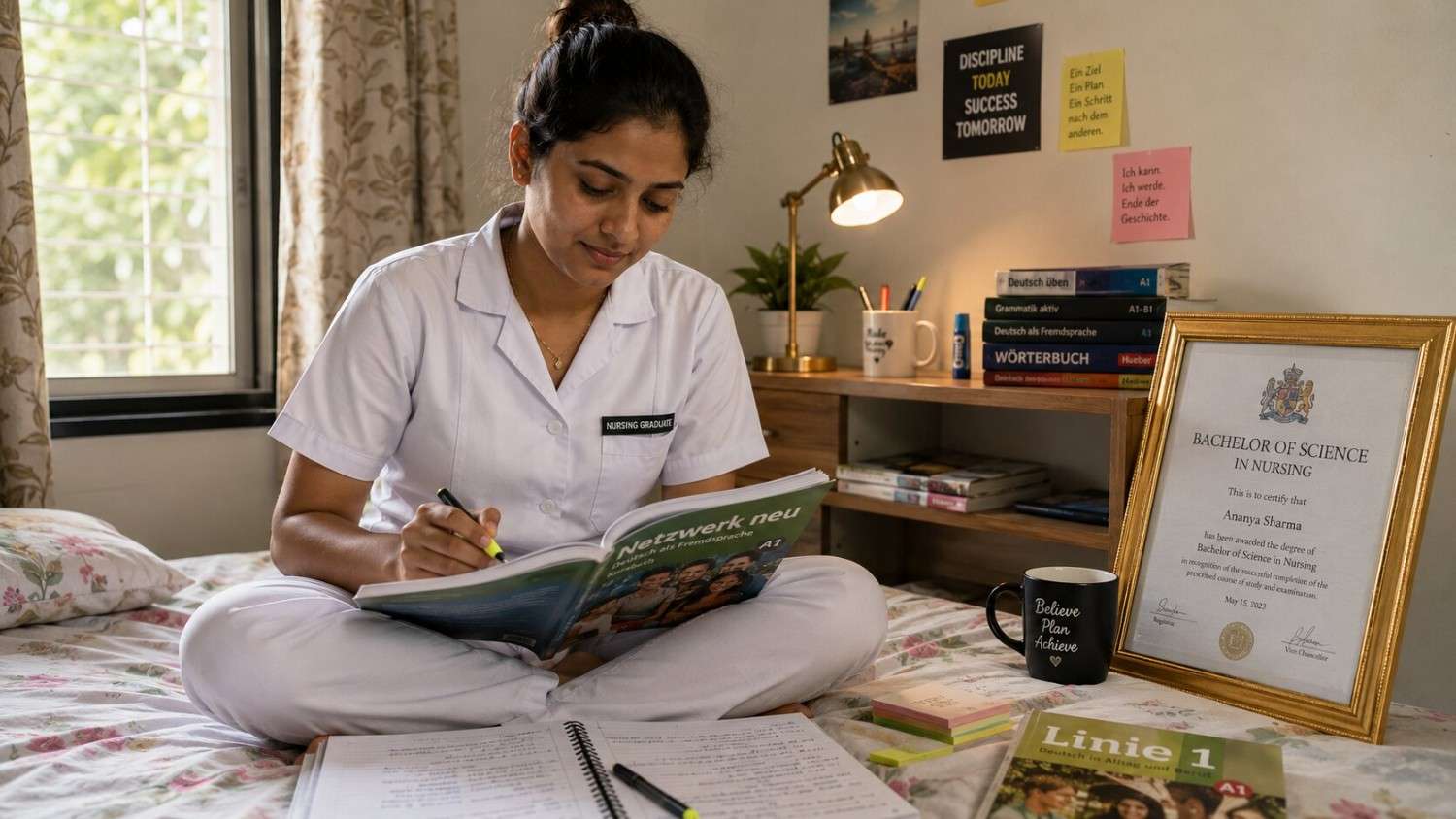 Young Indian nursing graduate in white uniform holding her degree certificate,
        smiling confidently, bright natural lighting, hopeful expression
