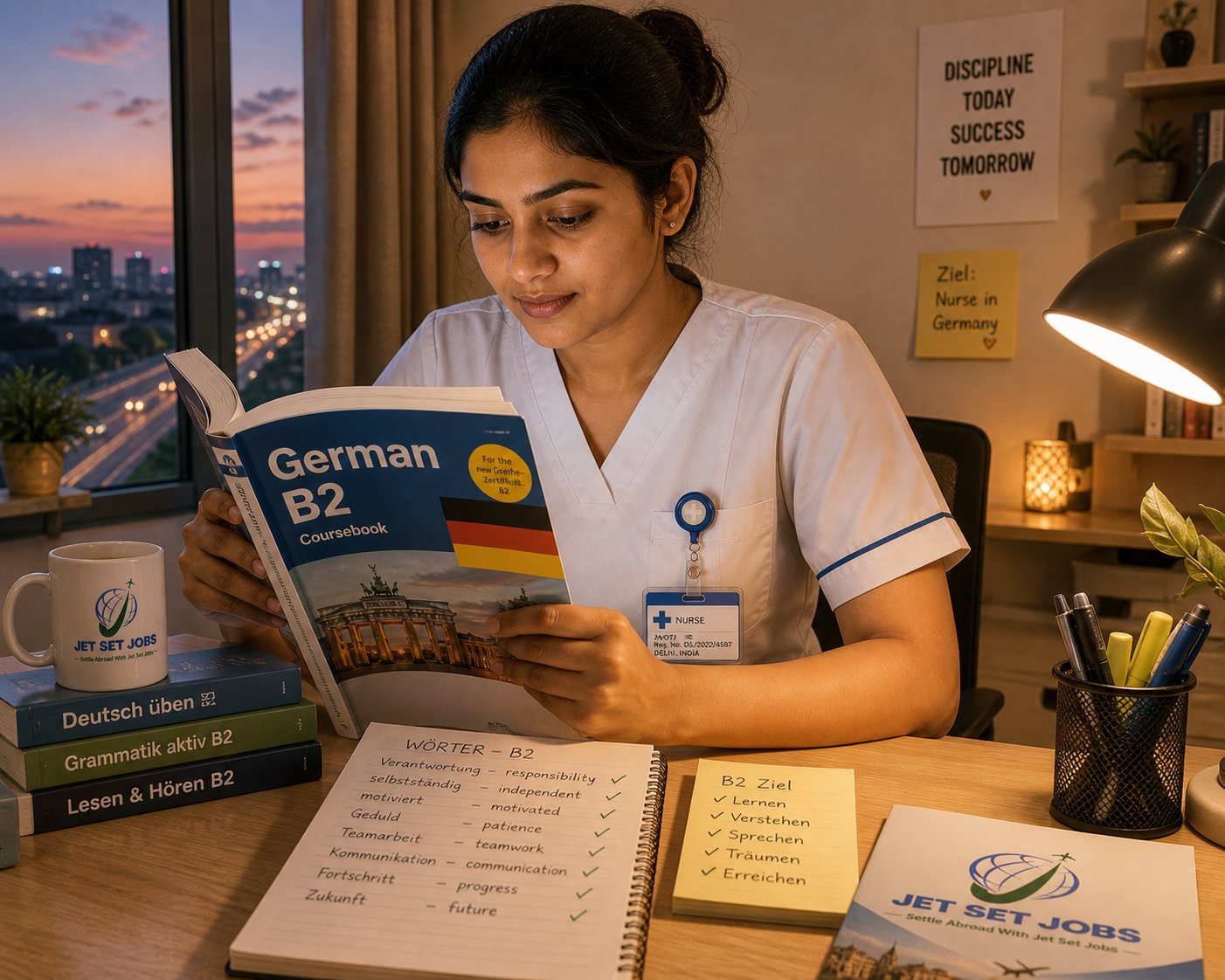 Indian nurse in Delhi studying German B2 coursebook at her desk with Jet Set Jobs mug and study materials — Germany nursing journey