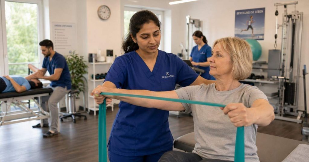 An Indian physiotherapist treating a patient in a modern German rehabilitation clinic