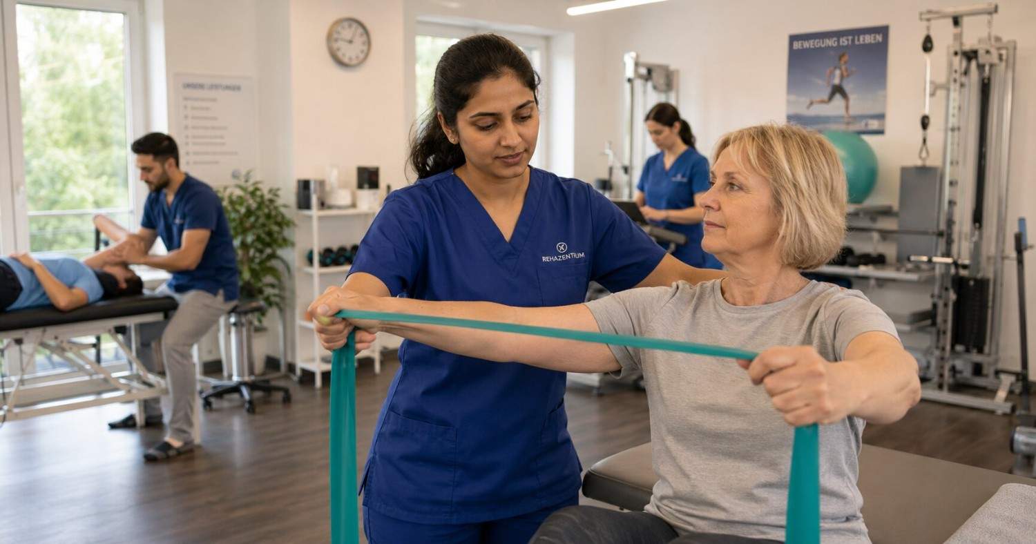 An Indian physiotherapist treating a patient in a modern German rehabilitation clinic