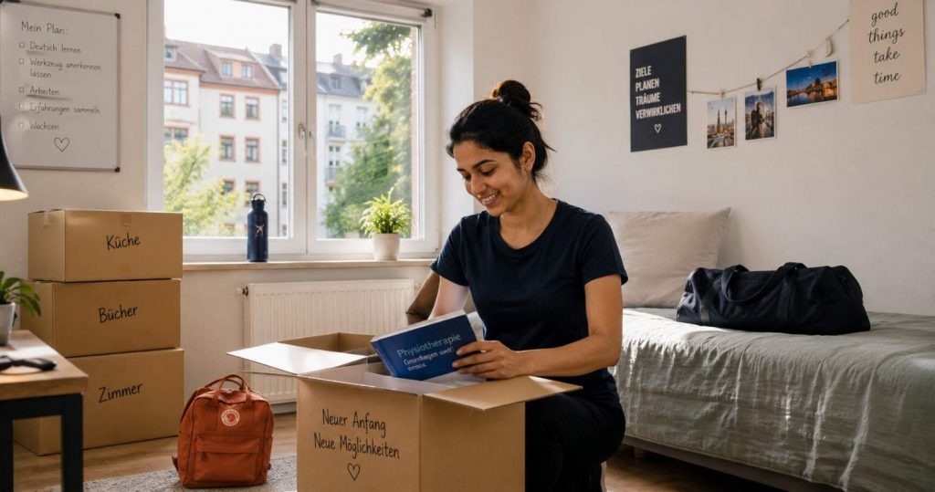 An Indian physiotherapist settling into a comfortable shared apartment in Germany