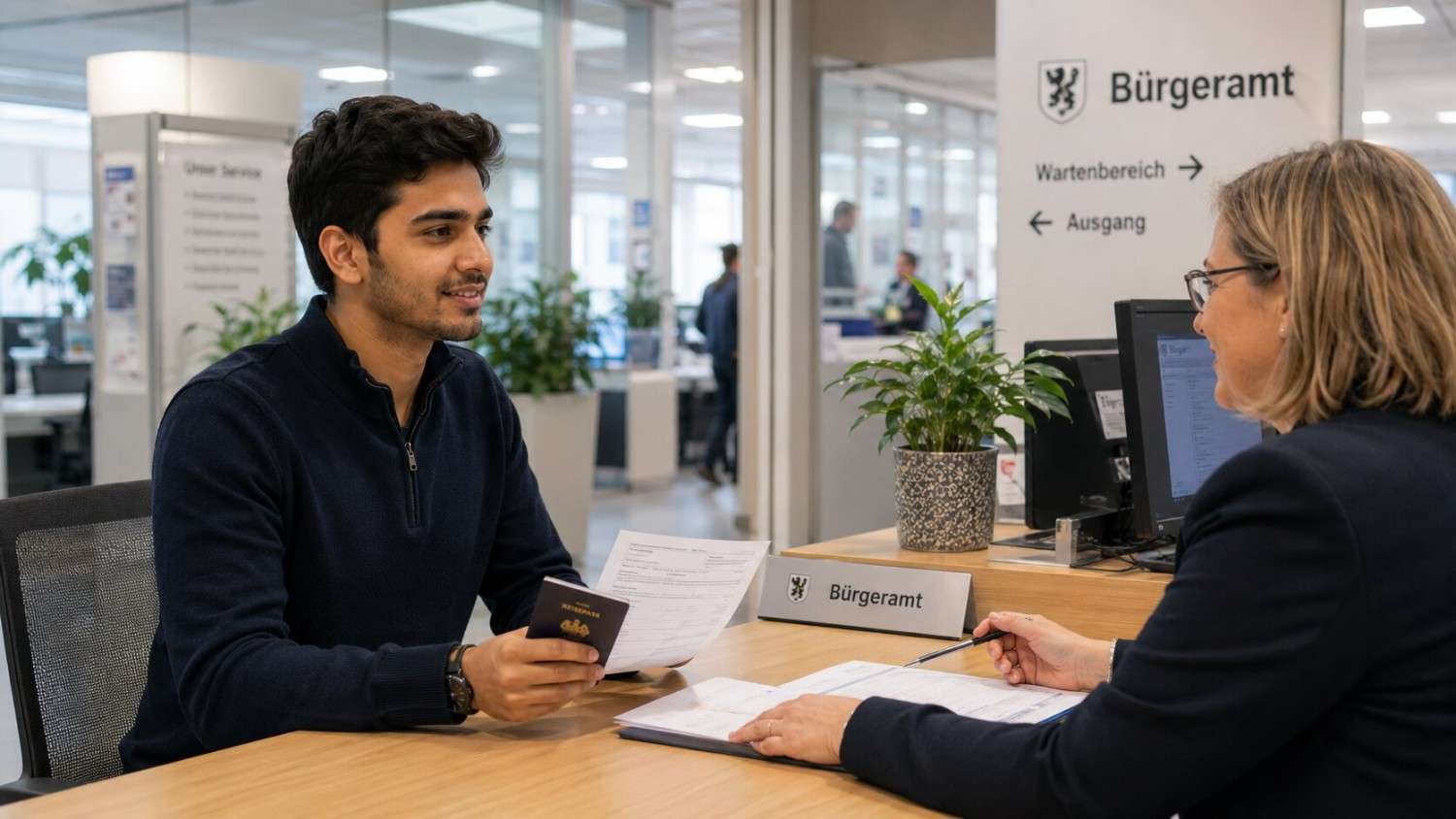 Young Indian Ausbildung trainee at a German Bürgeramt office submitting address registration documents